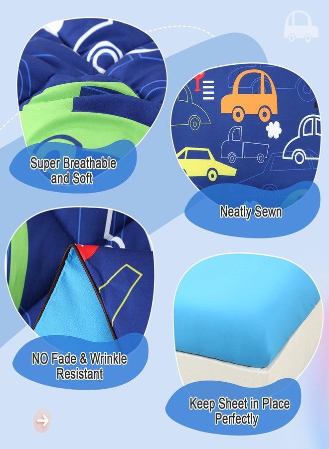 واو لايف طقم مفروشات سرير للأطفال الصغار من Wowelife بتصميم سيارة، مكون من 4 قطع، لون أزرق، يتضمن لحافًا، شرشفًا مسطحًا، شرشفًا مطاطيًا، وغطاء وسادة. - Image 5